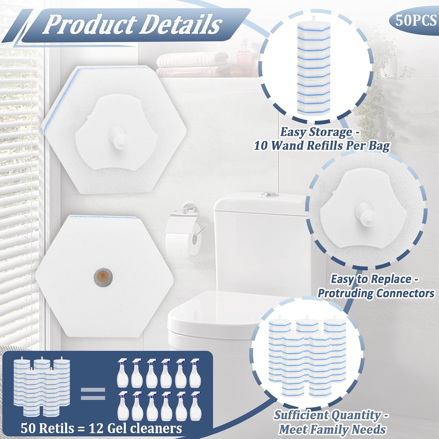 Disposable Toilet Bowl Wand Refills, Wand Replacement Head for Bathroom Deep Cleaning, Disposable Toilet Cleaner Refill Pads Compatible with Most Toilet Brushes(50 Packs)