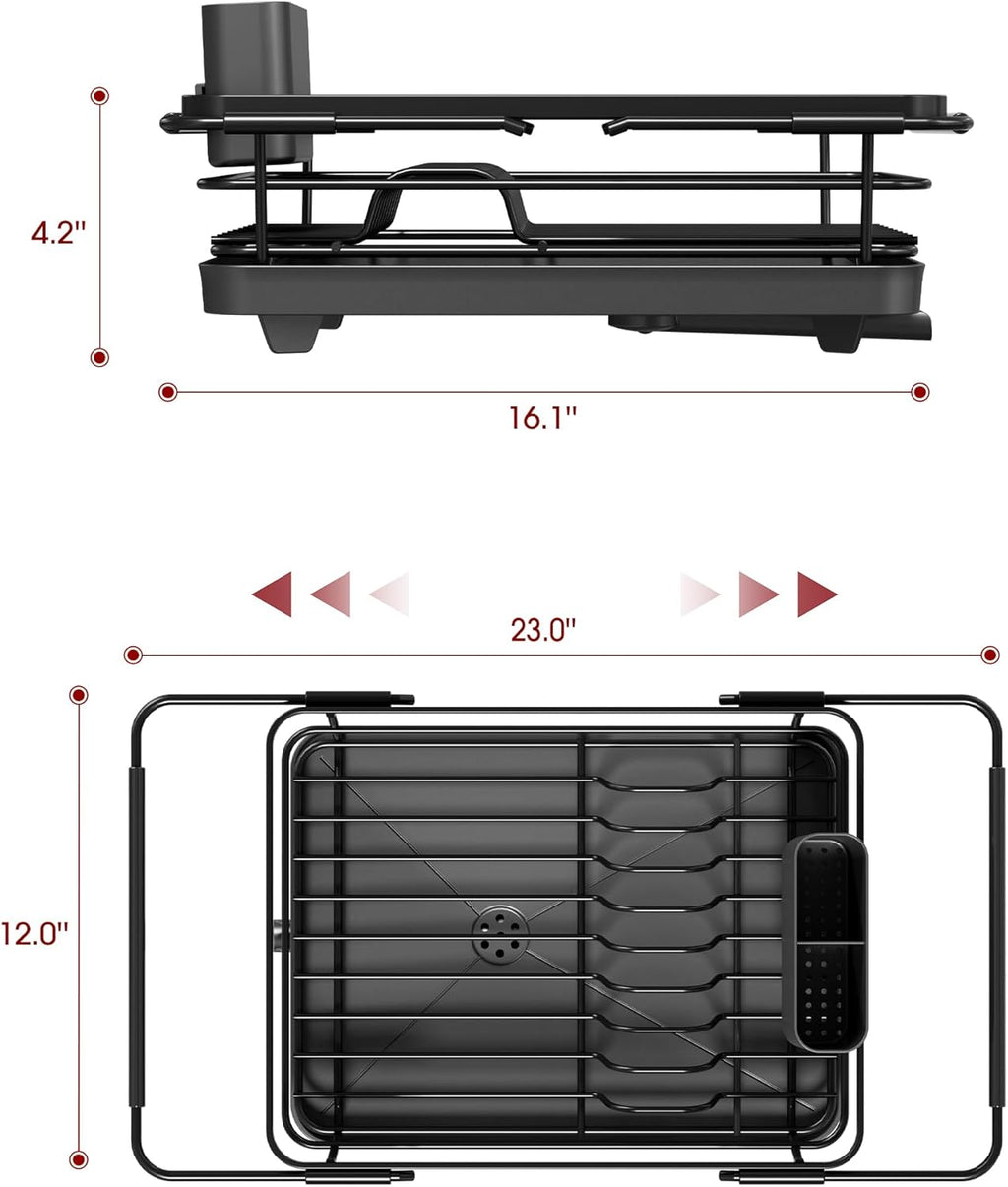 Stainless Steel Dish Drying Rack for Kitchen Counter, Sink Organization and Storage Essentials with Silverware & Utensil Holder, Home and Apartment Decor, 12" W x 15.8~23" L, Black