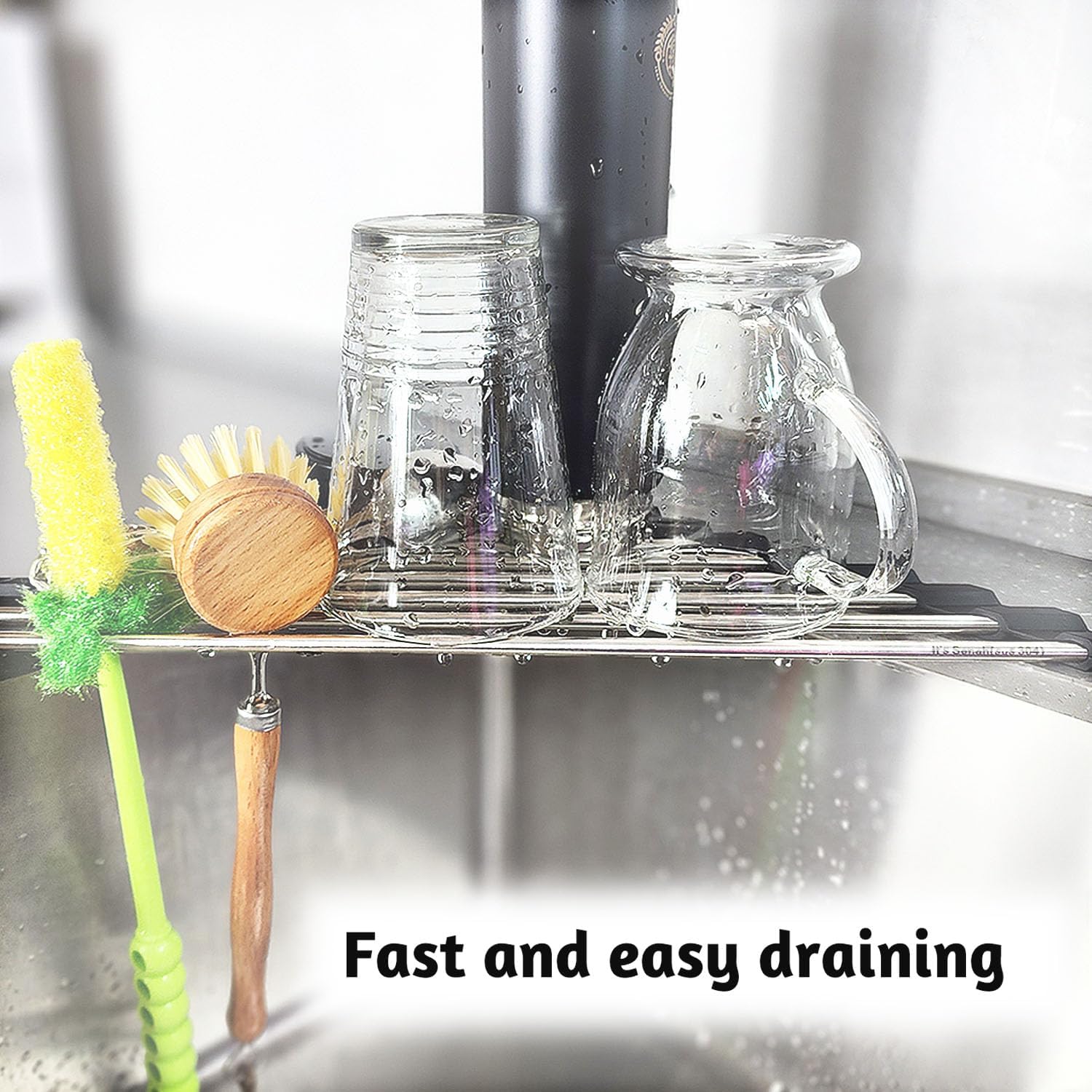 Roll Up Sponge Holder for Counter, Sink Organizer for Kitchen, Bathroom, Laundry Room, 304-Stainless Steel Sink Organizer for Sponge, Brush, Scrubber, Soap Dispenser Holder, Dish Drying Rack (Gray)