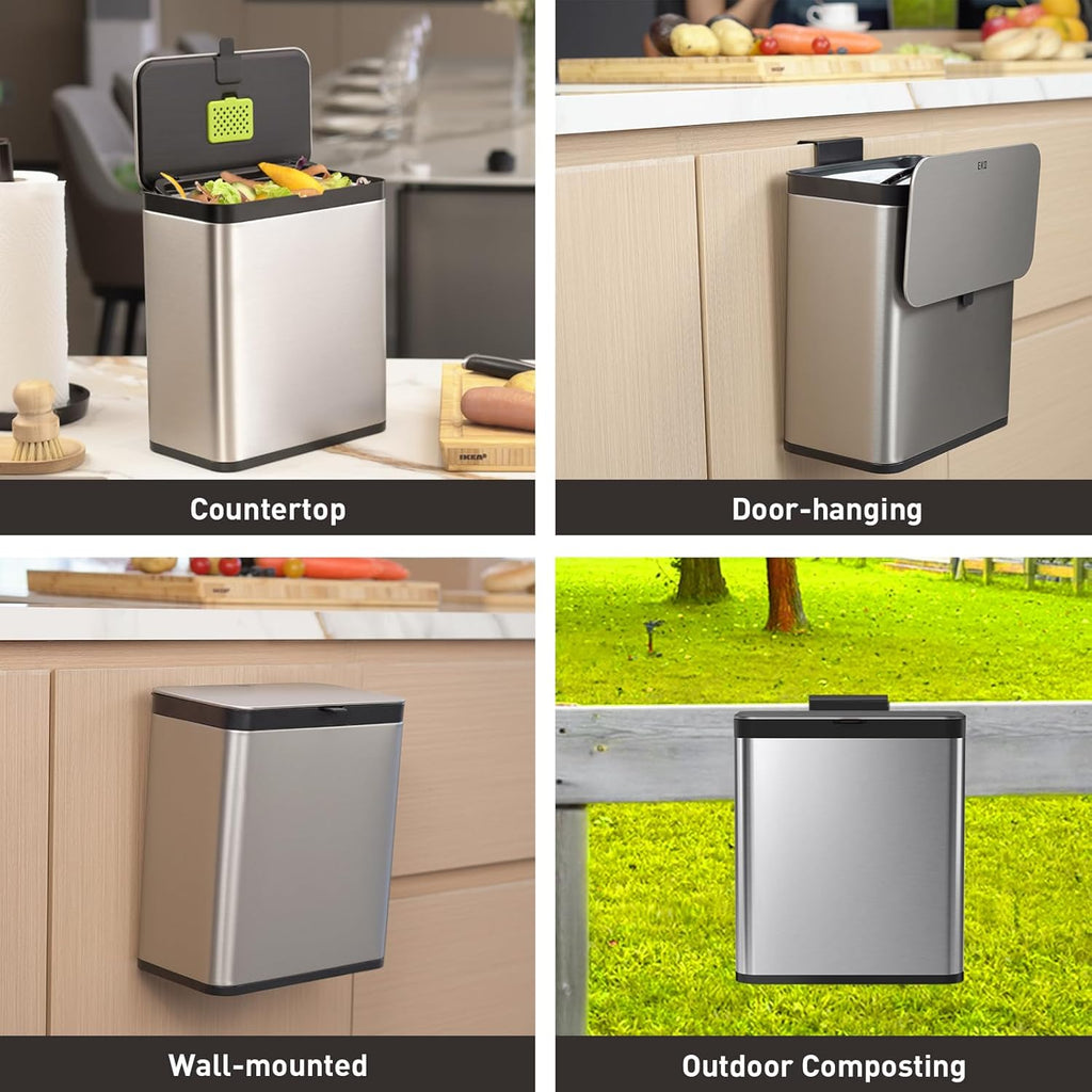 EKO Kitchen Compost Bin, 7L / 1.85 Gal Stainless Steel with Removable Inner Bucket and Deodorizer Compartment, 2-in-1 Countertop Compost Bin with Lid, Food Waste Caddy for Kitchen (MMT & Black Finish)