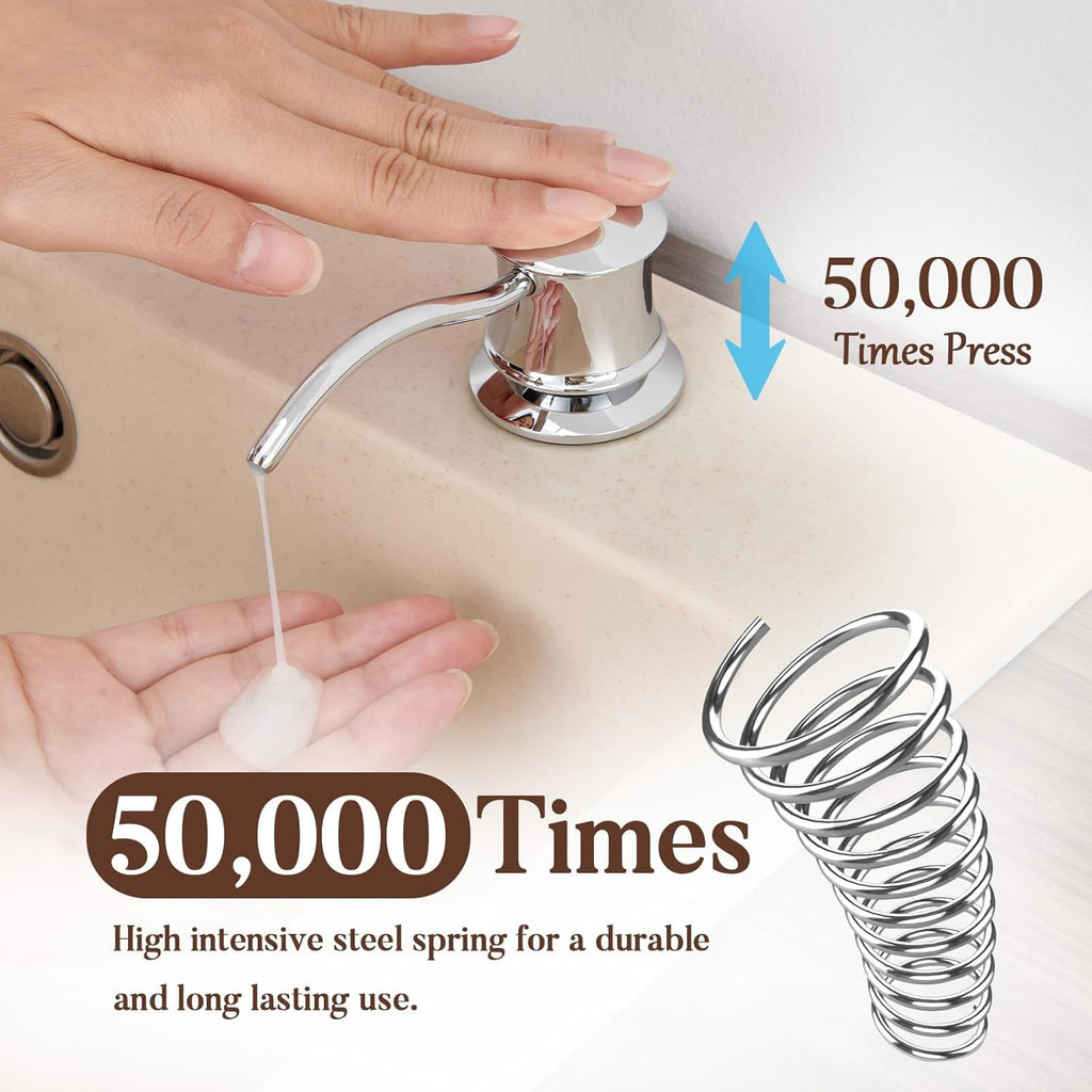Built in Soap Dispenser for Kitchen Sink Countertop, Solid Brass Pump Head Long Spout with 10.2 Ounce PET Food Safe Material Lotion Bottle, Chrome Finish