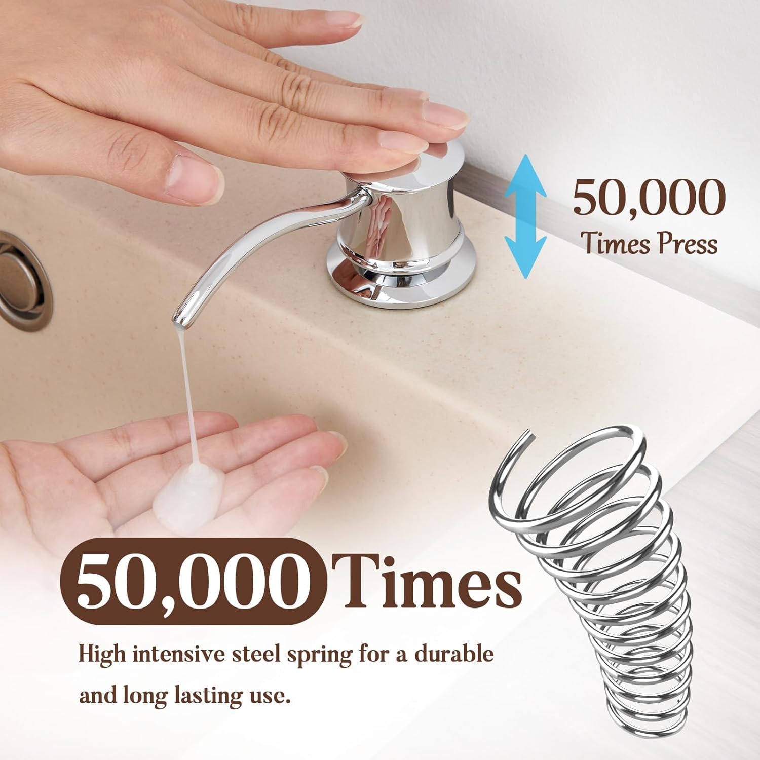 Built in Soap Dispenser for Kitchen Sink Countertop, Solid Brass Pump Head Long Spout with 10.2 Ounce PET Food Safe Material Lotion Bottle, Chrome Finish