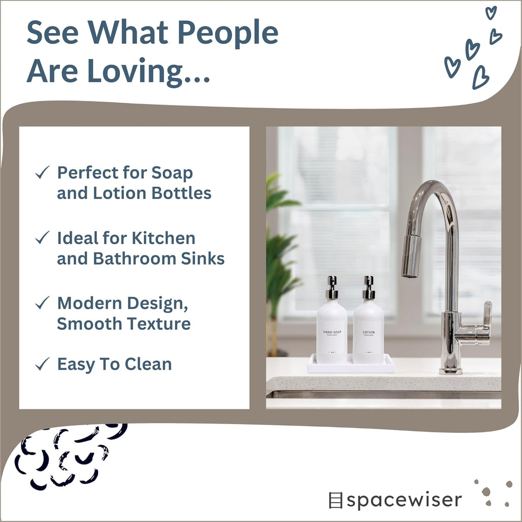 Countertop and Vanity Tray - Small 7.7” Silicone Tray for Soap Dispenser, Bathroom Trays, Dish Soap Trays for Kitchen Counter, Sink Caddy Sinks Organizer, Soaps Dish & Sponge Holder, White