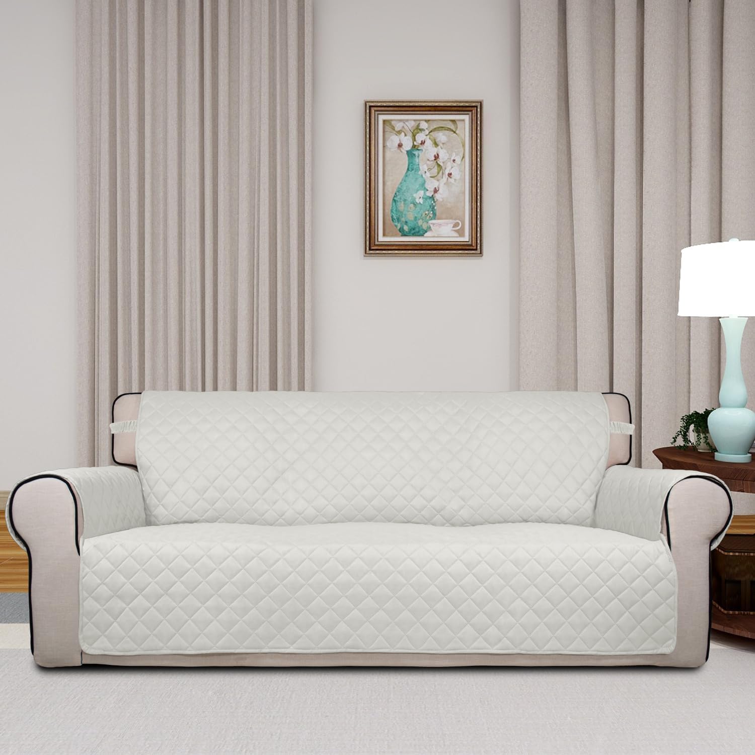 PureFit Reversible Quilted Sofa Cover, Water Resistant Slipcover Furniture Protector, Washable Couch Cover with Non Slip and Elastic Straps for Kids, Pets (Oversized Sofa, Ivory/Ivory)
