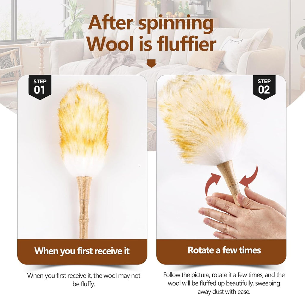 Lambswool Duster for Cleaning with Solid Wooden Handle Leather Hang Strap 14.9 inch Natural Feather Duster for Cleaning Ceiling Fans Window Blinds Computer Furniture(2 Pack)