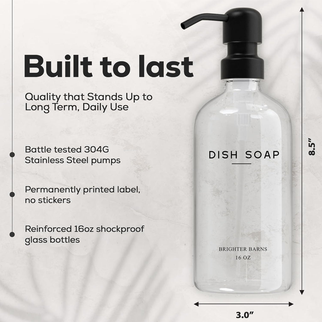 Clear Glass Hand and Dish Soap Dispenser Set by Brighter Barns - Kitchen Soap Dispenser Set & Pump - Glass Bottles for Kitchen Sink - Neutral Home Decor, Modern Farmhouse Bathroom Accessories (Clear)