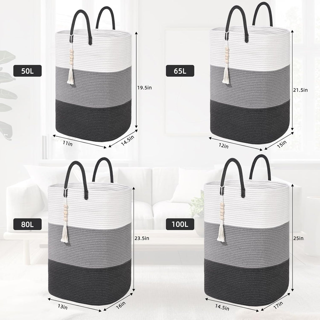 Woven Laundry Basket for Clothes,65 L Large Rectangle Laundry Hampers with Beads Tassel, Nursery Storage Basket for Toys, Tall Dirty Clothes Hamper for Bedroom Aesthetic, Laundry Room Organization