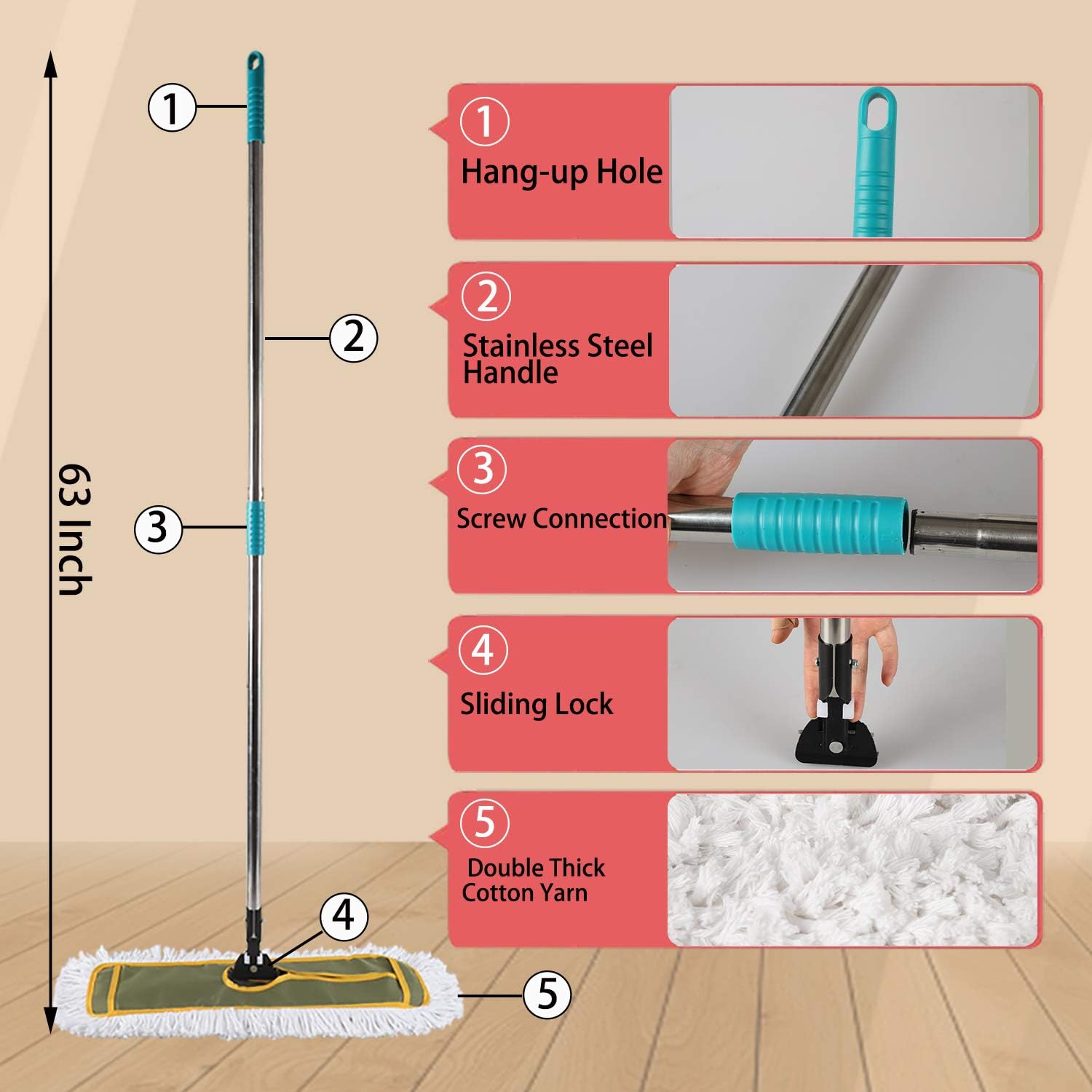 OFO 24inch Industrial Commercial Dust Mop 2 Sets // Heavy Duty Dust Mop // 63inch Length Stainless Steel Handle //Easily Clean Large Area Factory,Shopping Mall,Garage