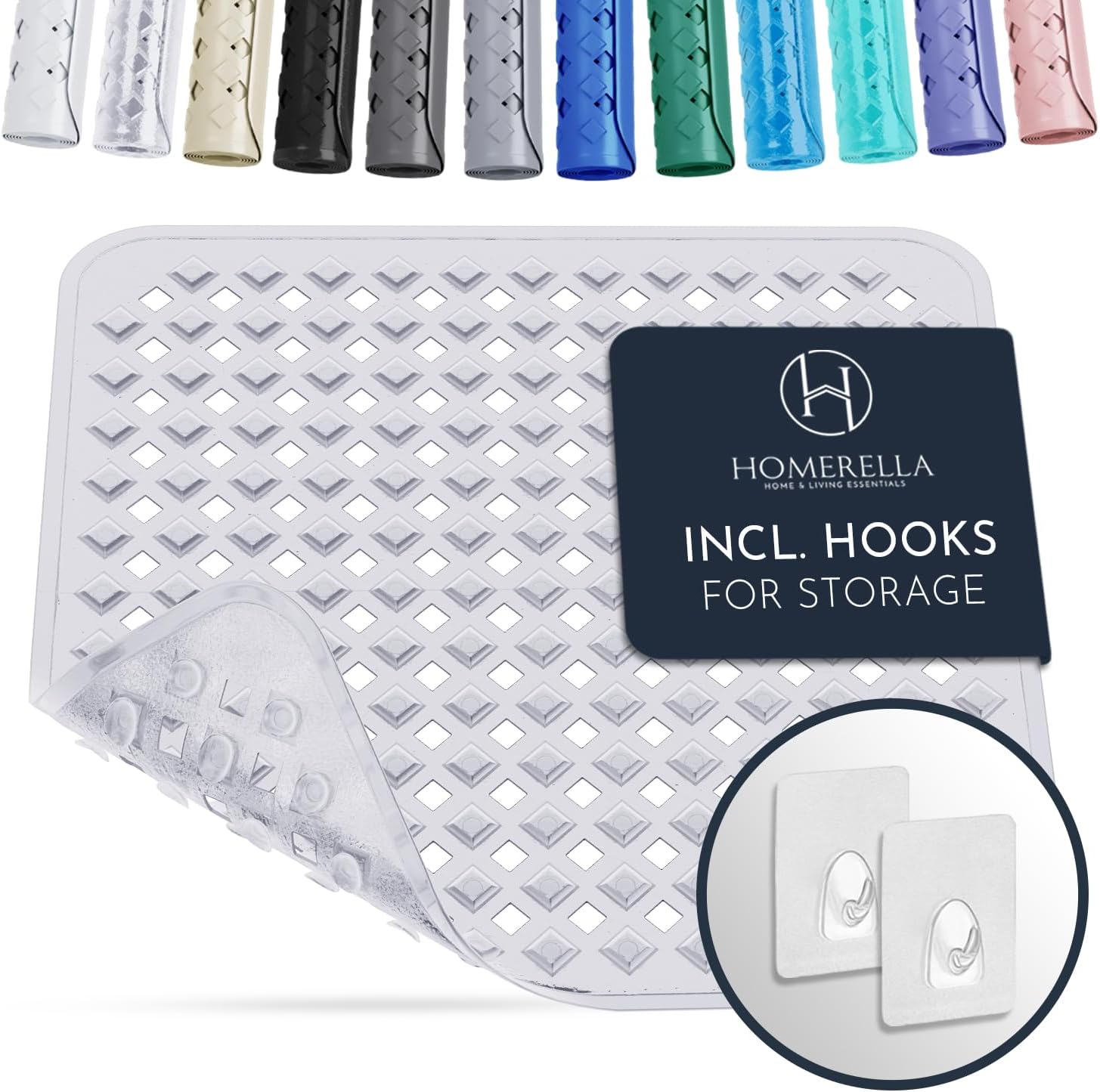 Homerella Anti Slip Shower Mat | Anti Mold Non Slip Bathtub Mat for Inside Shower | Square Floor Shower Mat 21 x 21 inch with Suction Cups for Grip & Hooks Hanging and Quick Drying | Machine Washable