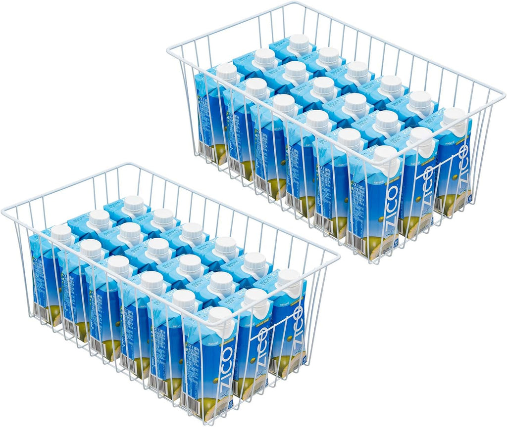 16Lx12Wx6H inch Wider Freezer Organizer Baskets Container, Refrigerator Metal Wire Storage Bins with Handles for Kitchen, Pantry, Cabinet, Closets - Pearl White(3 Packs)