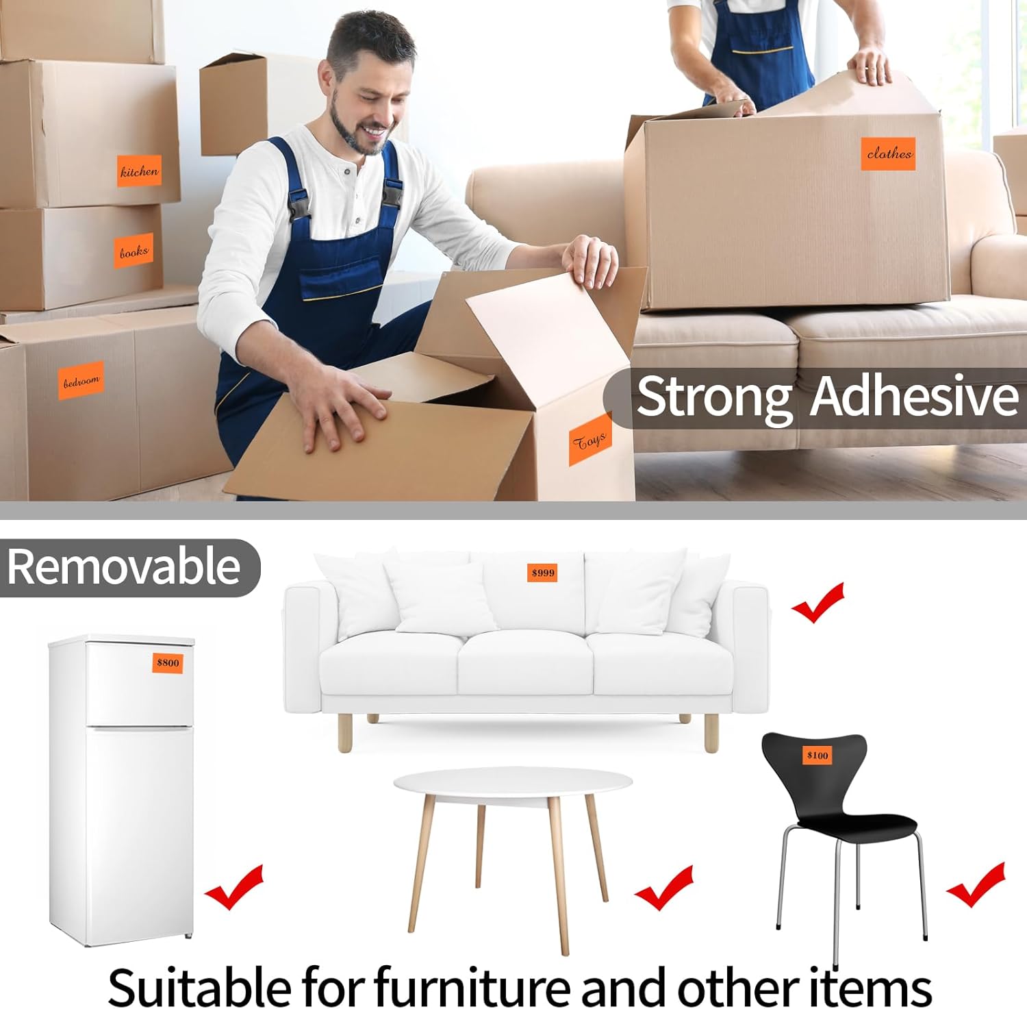 STARLIBOO Removable Colored Labels Stickers, 3X5 Inch Removable Large Label Stickers for Moving Boxes and Storage Bins- Waterproof- Tear Resistant (Orange)