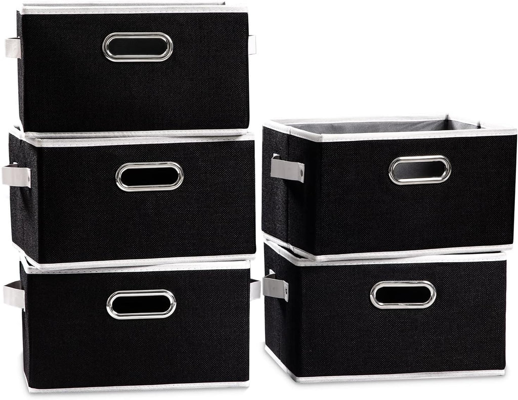 PRANDOM Fodable Storage Baskets for Closet [5-pack] Decorative Fabric Storage Bins Cubes with Leather/Metal Handles for Shelves Bedroom Living Room Black (11.5x8.5x6.7 Inch)