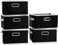 PRANDOM Large Collapsible Storage Bins for Closet [5-Pack] Decorative Fabric Storage Baskets Cubes with Leather/Metal Handles for Shelves Bedroom Living Room Black (14.9x9.8x8.3 Inch)