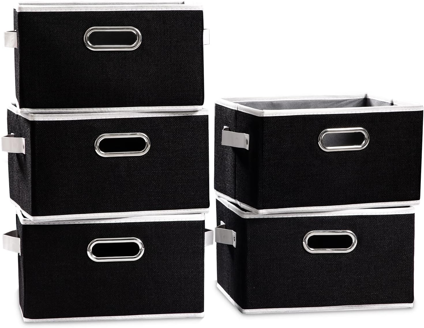 PRANDOM Large Collapsible Storage Bins for Closet [5-Pack] Decorative Fabric Storage Baskets Cubes with Leather/Metal Handles for Shelves Bedroom Living Room Black (14.9x9.8x8.3 Inch)
