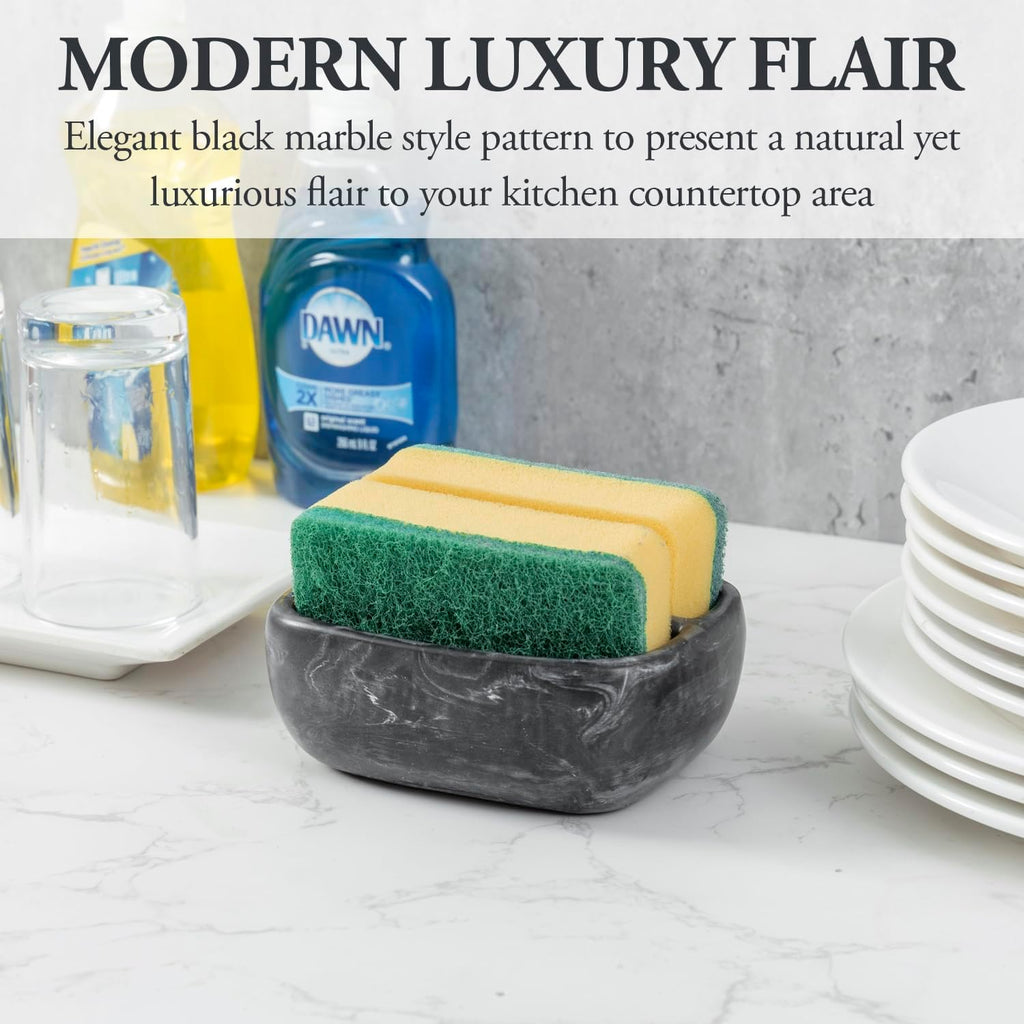 MyGift Modern Black Resin Double Sponge Holder with Realistic Marble Pattern for Kitchen Sink Countertop, Dish Cleaning Sponges or Scrubbing Pads Bowl with 2 Compartments