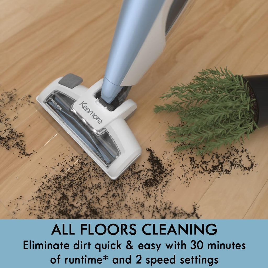 Kenmore DS1020 16V Cordless Stick Vacuum Lightweight 2-in-1 Handheld, LED Headlight with 2-Speed Power Control for Hardwood Floor, Carpet & Pet Hair, 16 Volts, Gray-Blue