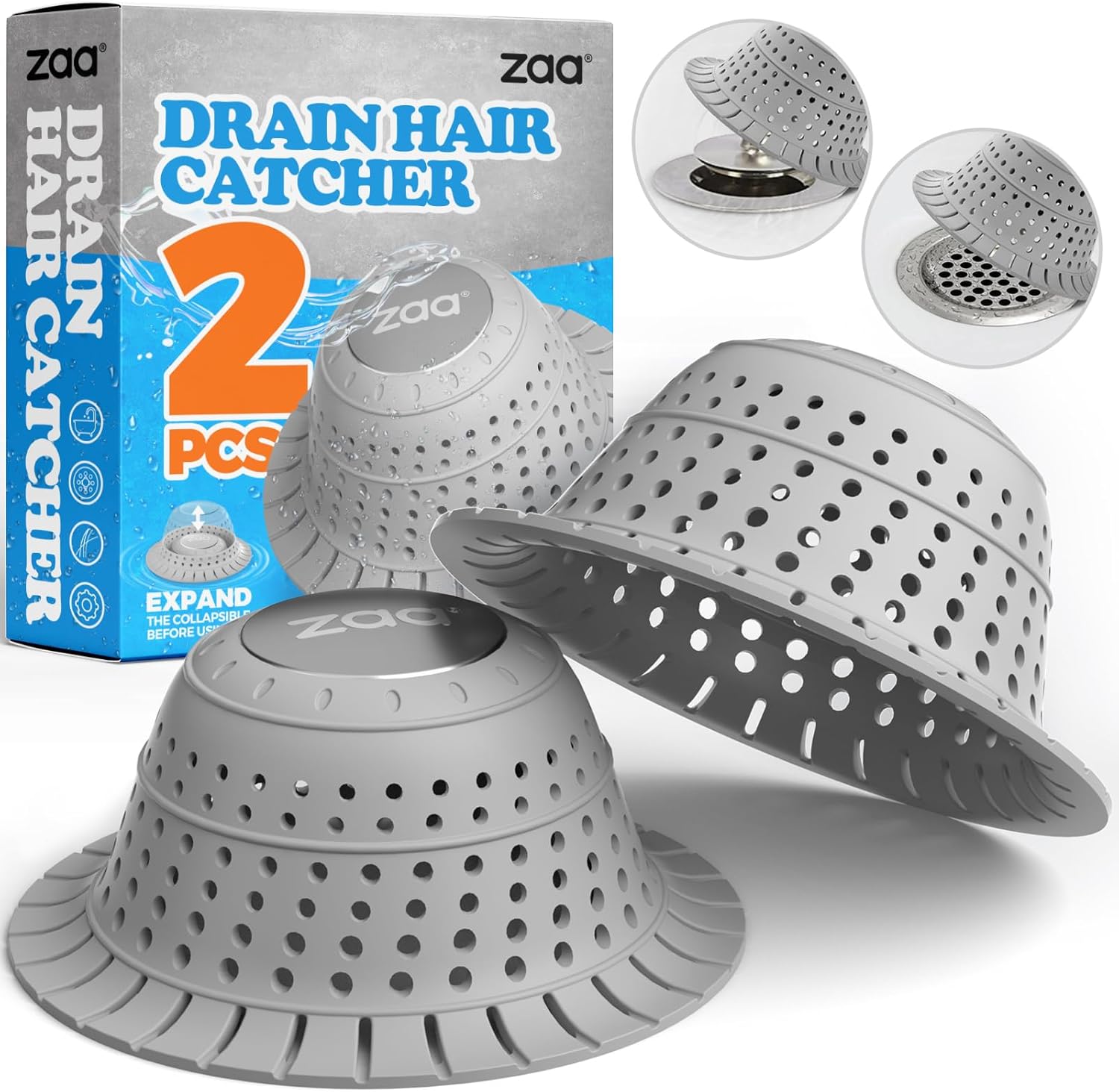 zaa Shower Drain Hair Catcher, 2 Pack Silicone Collapsible Bathtub Drain Cover Dog Hair Catcher & Protector for Pop-Up & Regular Drains of Shower, Bathtub, Tub, Bathroom, Diameter 4.5"