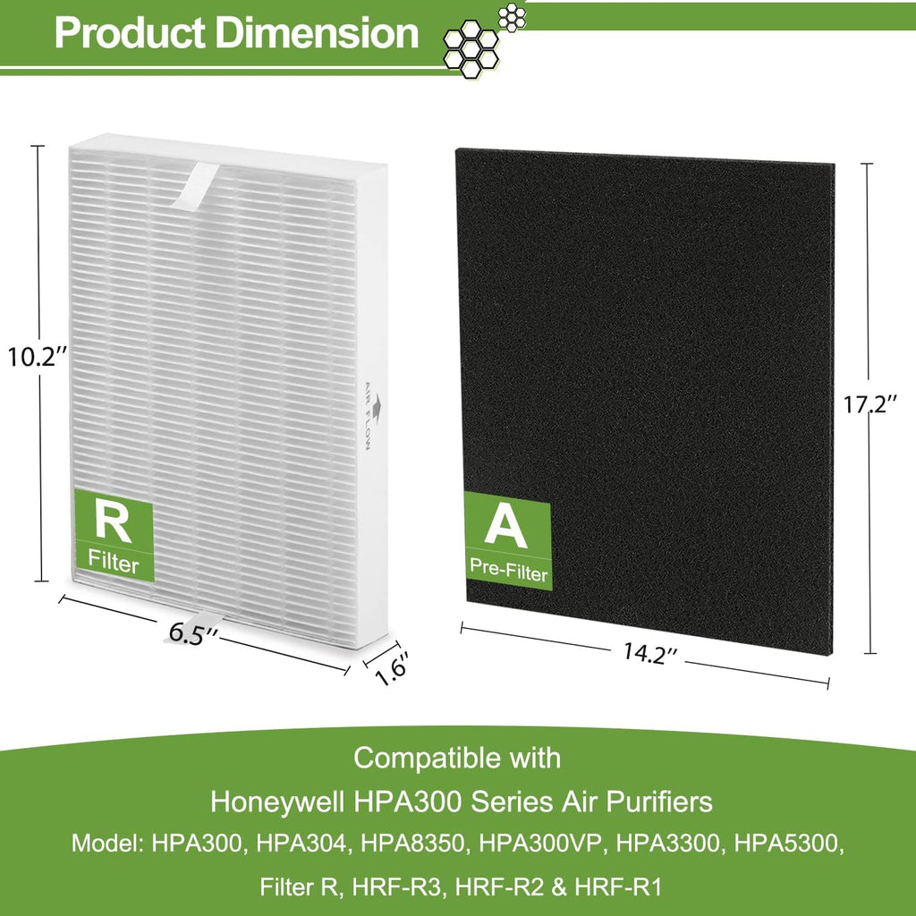 HPA300 HEPA Filter Replacement for Honeywell HPA300 Series Air Purifiers HPA300, HPA300VP, HPA304, HPA3300, Replace HRF-R3 (3 Ture HEPA R Replacement Filter + 4 Activated Carbon Pre-Filter)