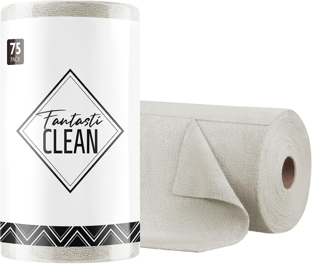 Fantasticlean Microfiber Cleaning Cloth Roll -75 Pack, Tear Away Microfiber Towels, 12" x 12", Reusable, Washable, Scratch Free, Ultra Absorbent Dishcloth for Home Supplies, Car, Pet (Cool Grey)