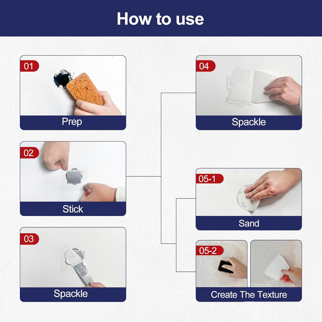 8.6oz Drywall Patch Repair Kit - Professional All-in-1 Tool Set (Scrapers/Sandpaper/Texture Sponge/Gloves/ Aluminum Patches) for Fast Wall Hole Repair