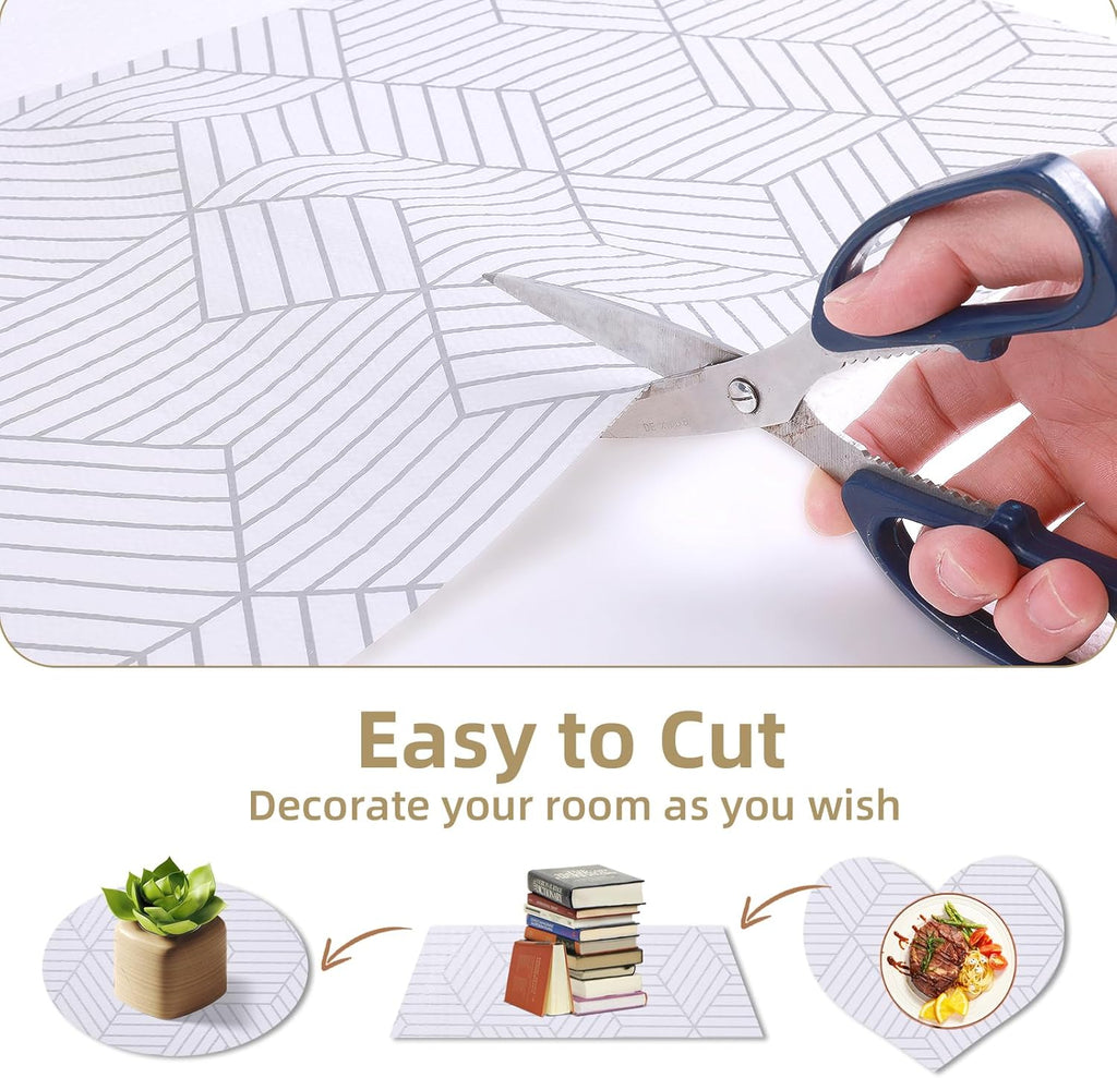 Shelf Liners for Kitchen Cabinets Non Adhesive Shelf Liner Paper Non-Slip Thickened Drawer Liner Easy to Clean for Tool Box Refrigerator with Knife and Tape Measure, Silver Geometric, 17.3 x 236.2 in