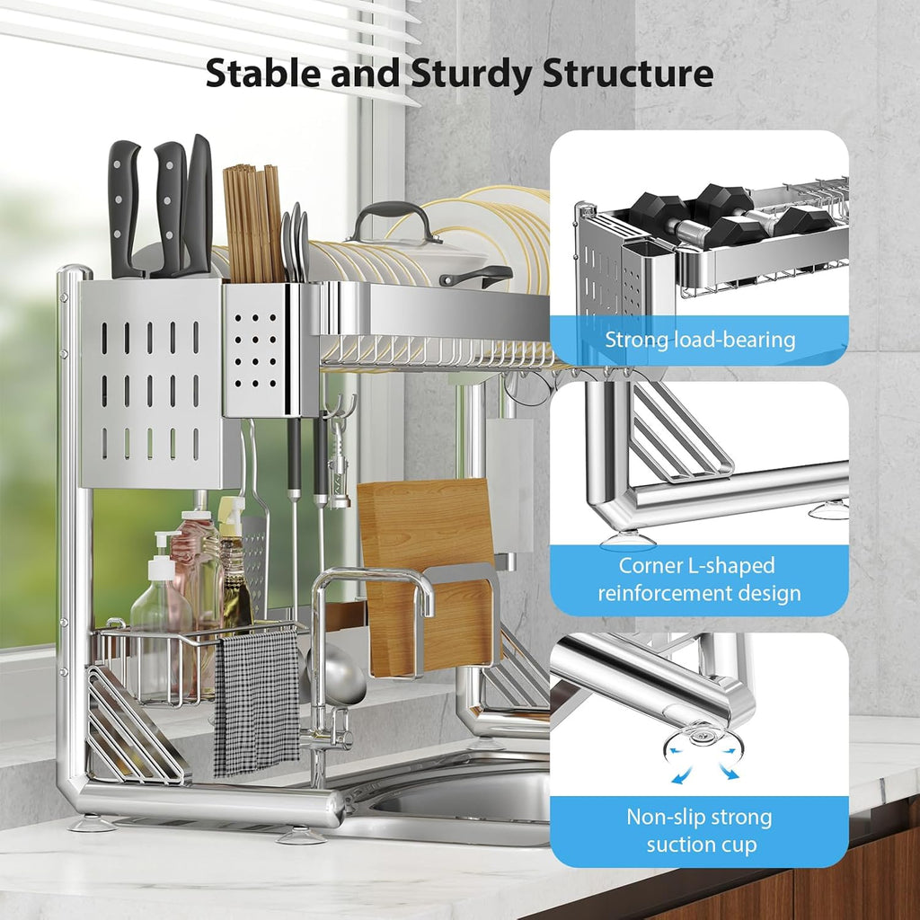 Over The Sink Dish Drainer Drying Rack, 2 Tier Adjustable Width (20.87'' to 37.6'') 304 Stainless Steel Large Over Sink Dish Drying Rack for Kitchen Counter Organizer, (Silver)