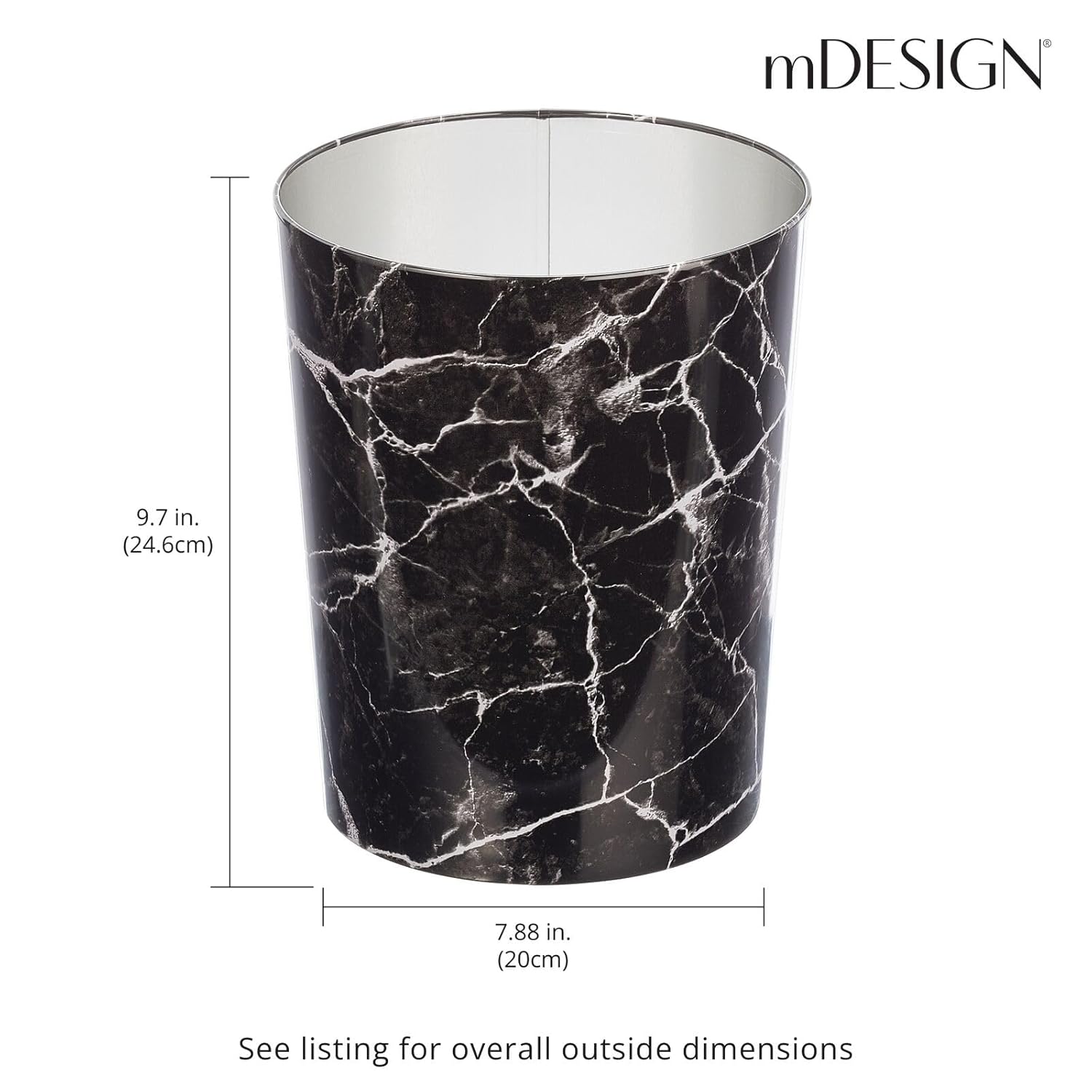 mDesign Round Metal Small 1.7 Gallon Recycle Trash Can Wastebasket, Garbage Container Bin for Bathrooms, Kitchen, Bedroom, Home Office - Durable Stainless Steel - Mirri Collection - Black Marble
