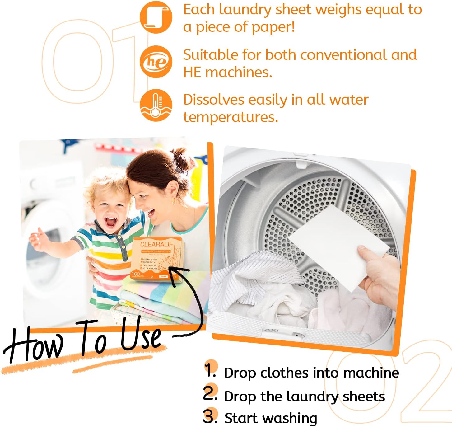 CLEARALIF Laundry Detergent Sheets (320 Loads), Orange,Great For Travel,Apartments, Dorms,CLEARALIF Laundry Detergent Strips Eco Friendly & Hypoallergenic (80 Count, Pack of 2)