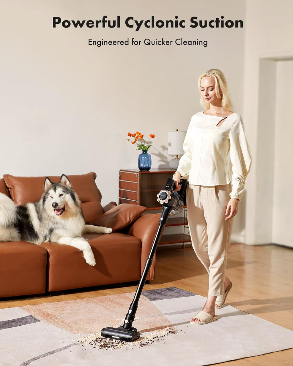 Cordless Vacuum Cleaner, 8-in-1 Lightweight Stick Vacuum with 45mins Runtime, Powerful Suction, Rechargeable Cordless Vacuum for Carpet, Tile, Pet Hair, Hardwood Floors, Black