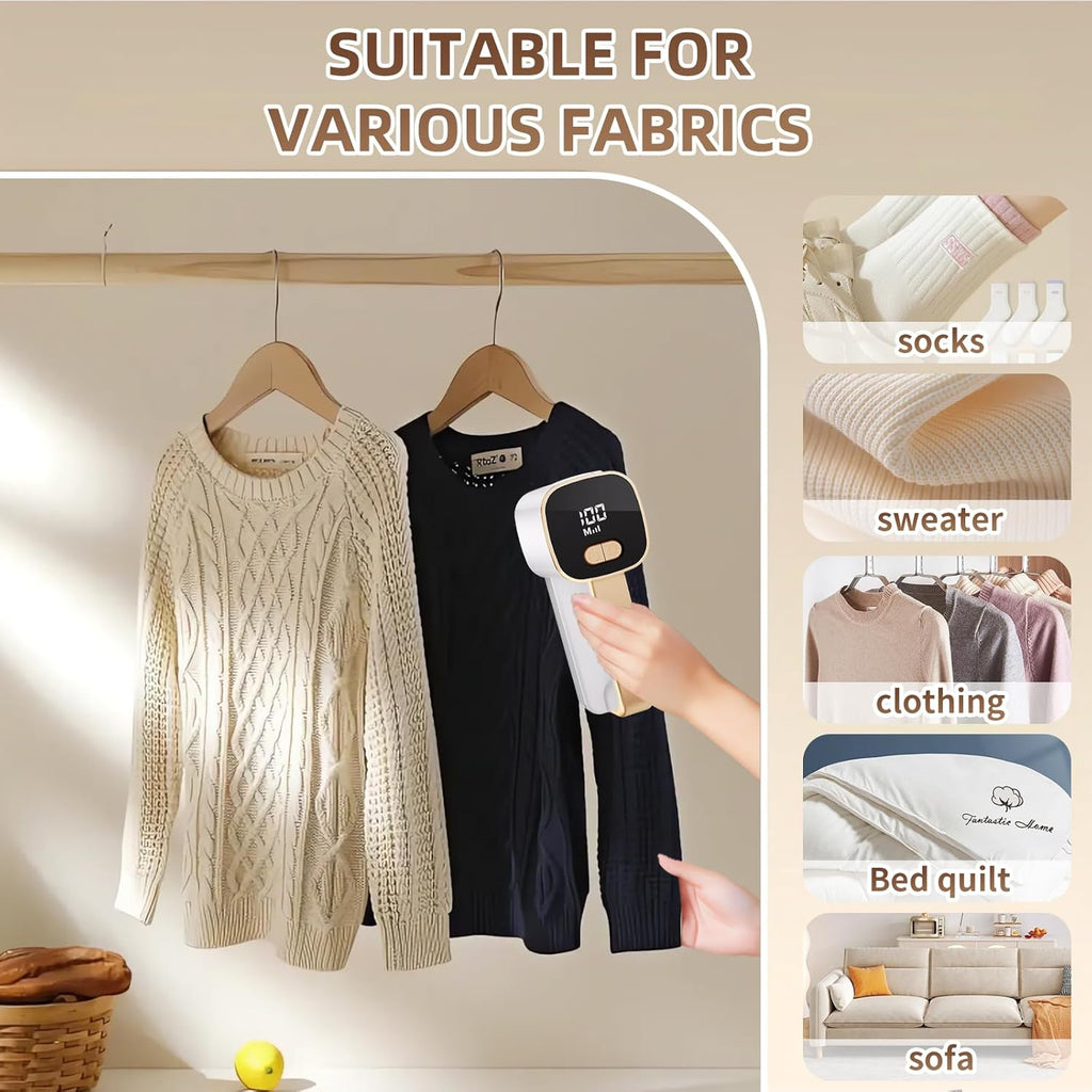 Rechargeable Lint Remover, Fabric Shaver Fuzz Remover, Sweater Shavers with 6-Leaf Blades, 3-Speeds Digital LED Display to Remove Pilling for Clothing and Furniture, Lint Ball, White