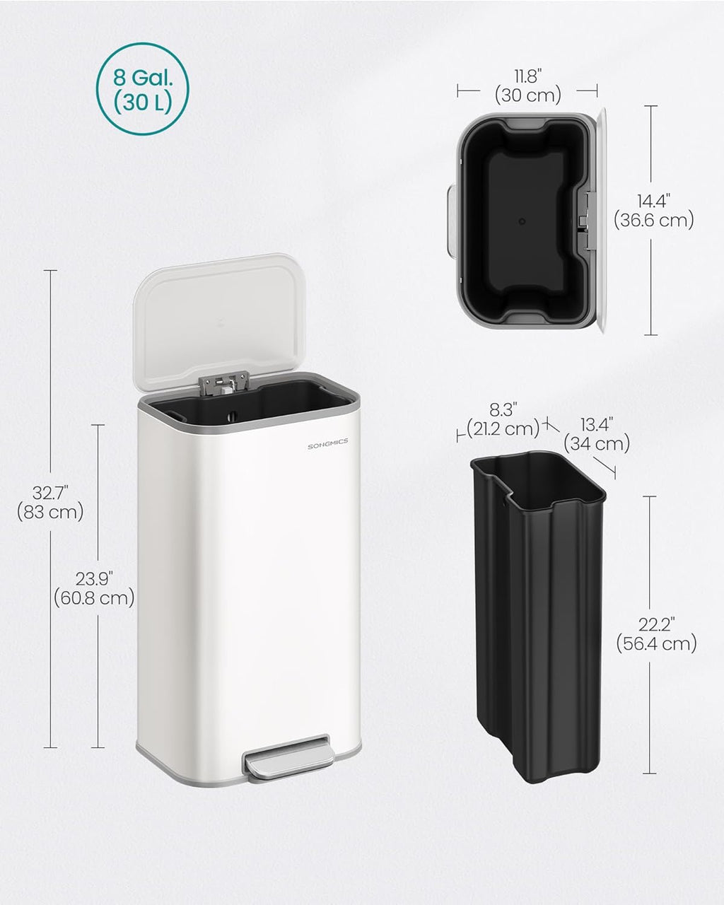 SONGMICS Kitchen Trash Can, 8-Gallon (30 L) Garbage Can with Lid, Stainless Steel, Soft Close and Stays Open, Inner Bucket, Wide Non-Slip Pedal, Cloud White ULTB546W01