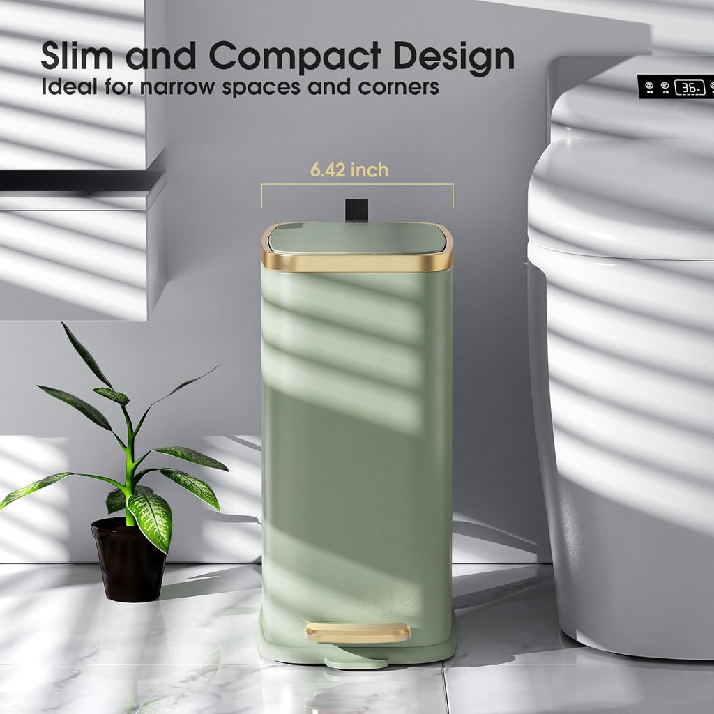 CEROELDA Small Bathroom Trash Can with Lid Soft Close-5L/1.3 Gal Slim Garbage Can-Metal Step Wastebasket-Rectangle Narrow Waste Bin for Office, Bedroom, Toilet, Live Room (Green)