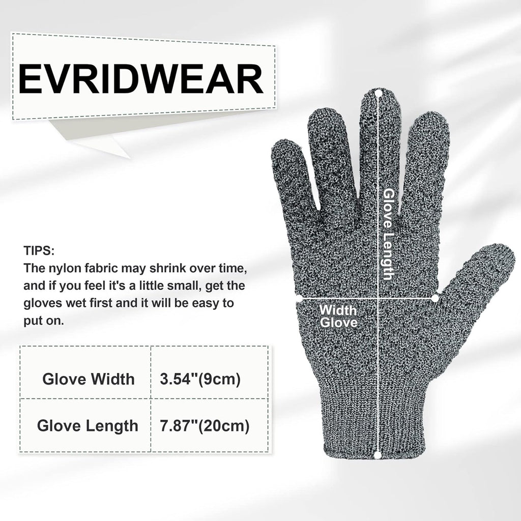 Evridwear Exfoliating Dual Texture Bath Gloves for Shower, Spa, Massage and Body Scrubs, Dead Skin Cell Remover, Gloves with Hanging Loop (1 Pair Gray Heavy Glove)