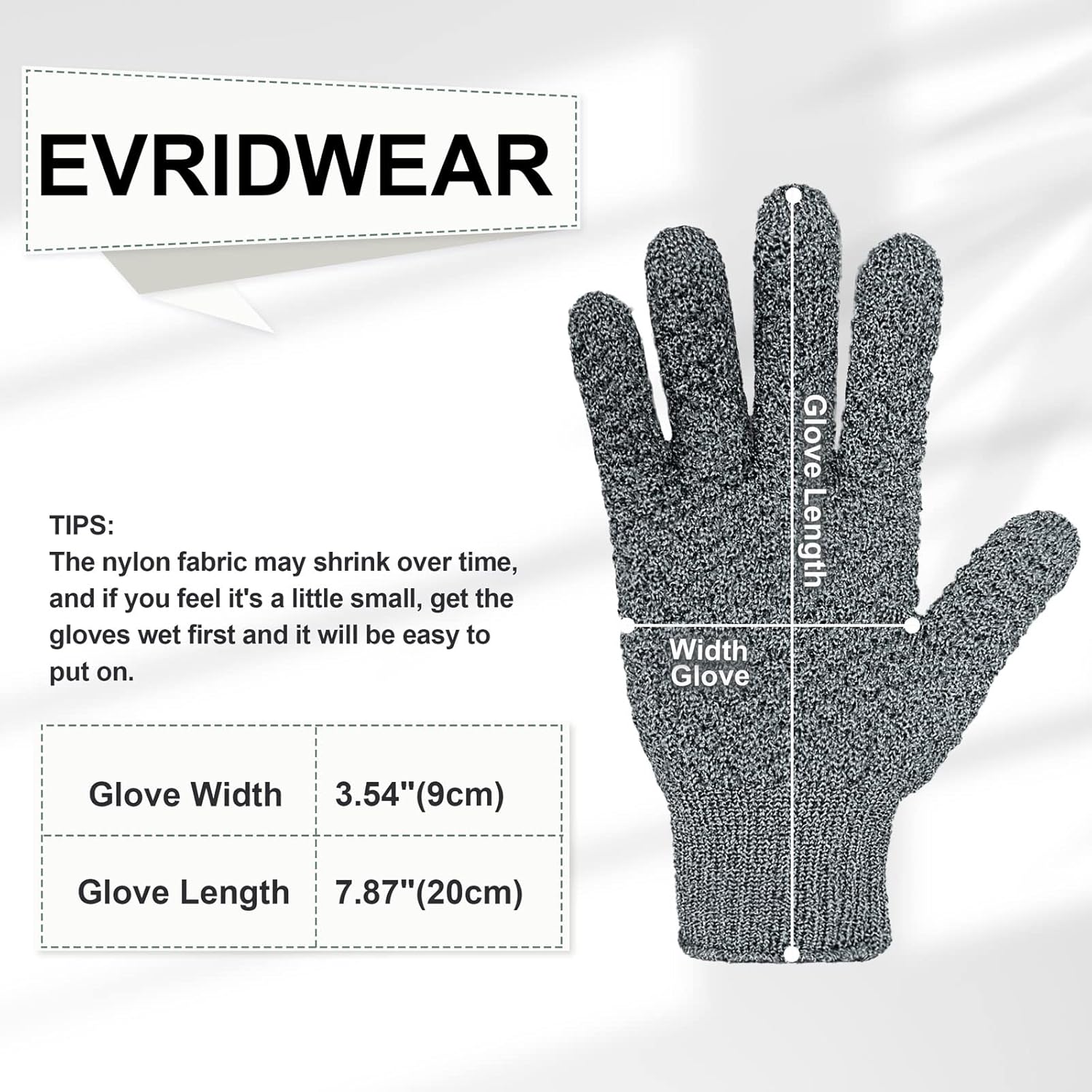 Evridwear Exfoliating Dual Texture Bath Gloves for Shower, Spa, Massage and Body Scrubs, Dead Skin Cell Remover, Gloves with Hanging Loop (1 Pair Gray Heavy Glove)