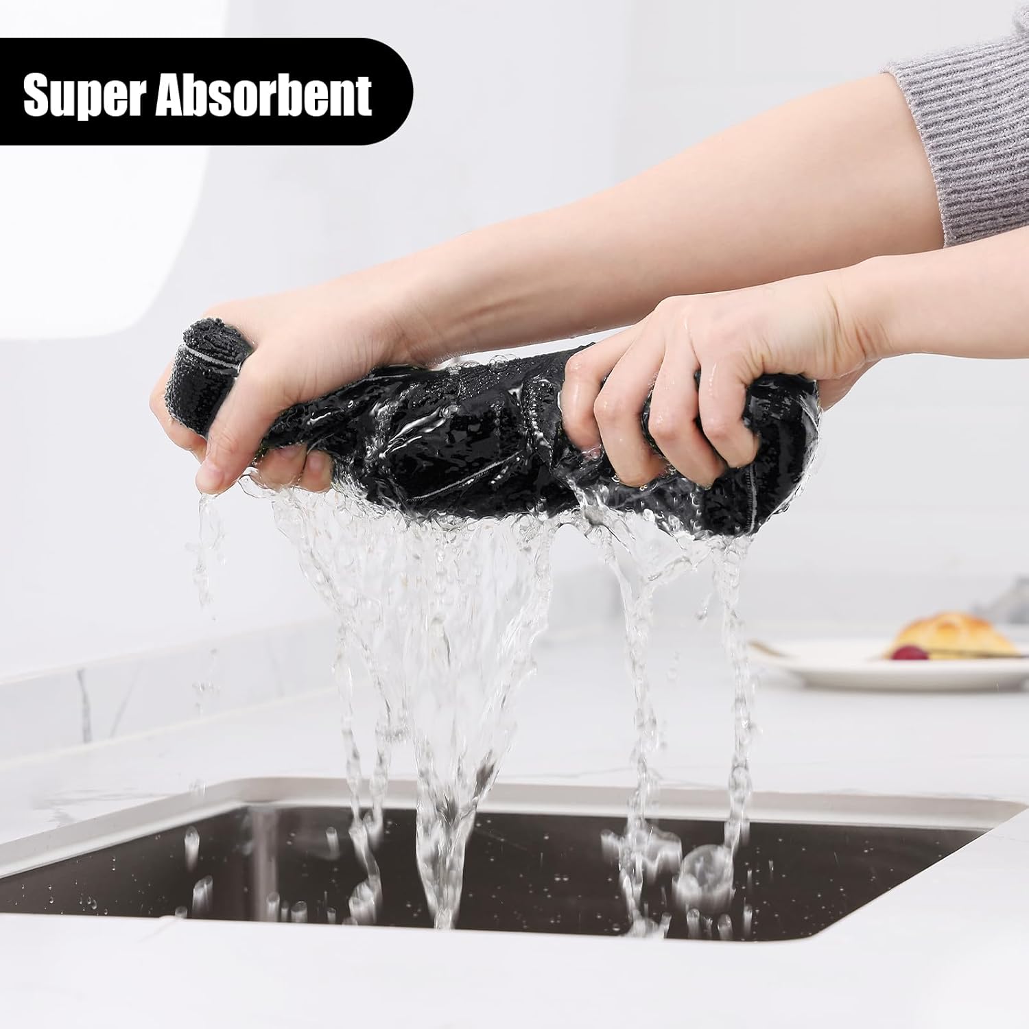 Homaxy Microfiber Kitchen Towels and Dishcloths Set, 12 Pack Soft and Absorbent Dish Hand Towels Bulk, 28 x 16 Inch & 12 x 12 Inch Quick Drying Rags for Washing Dishes, Black