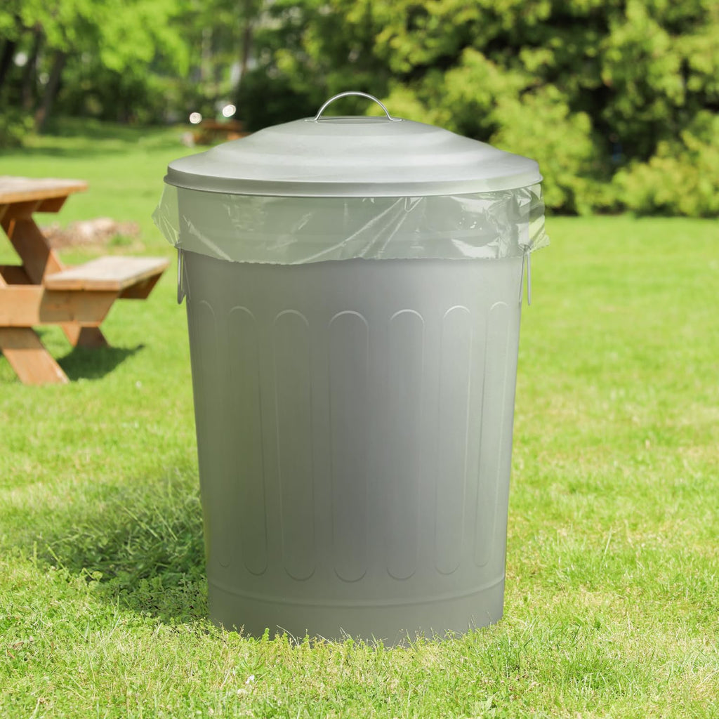 Plexon Round Trash Can 13 Gallon, Vintage Metal Outdoor Trash Can with Lid, Retro Farmhouse Garbage Container, Old School Modern Ash Bucket, Gray 3 Pack