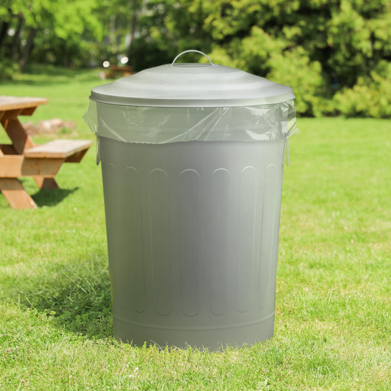 Plexon Round Trash Can 13 Gallon, Vintage Metal Outdoor Trash Can with Lid, Retro Farmhouse Garbage Container, Old School Modern Ash Bucket, Gray 3 Pack