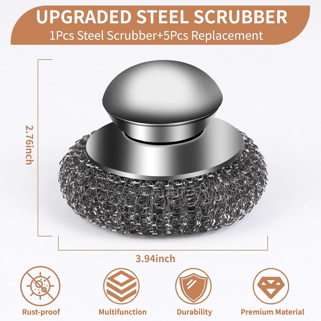 6Pcs Steel Wool Scrubber with Replacement Wire Pads Set, Stainless Steel Scrubber with Handle for Scouring Stubborn Messes from Cast Iron, Pots, Pans, Grill, Stoves, Sink(1 Scrubber+5 Pads)