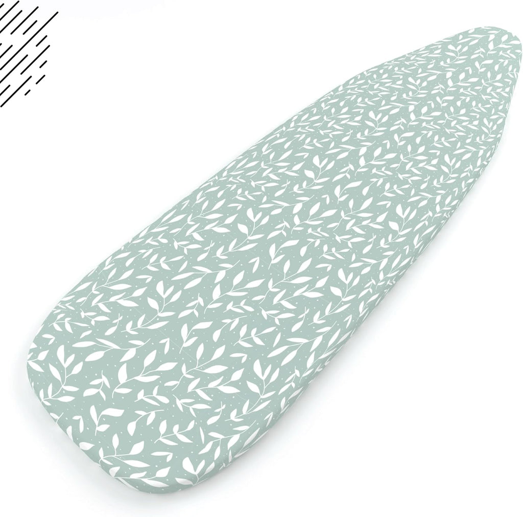 Encasa XO Ironing Board Cover and Pad 42"x14" - Thick 3mm Felt Padding, Drawstring Tightening & Lock, Easy Fit, Scorch & Stain Resistant, Fits Medium Ironing Board - Green Leaflet
