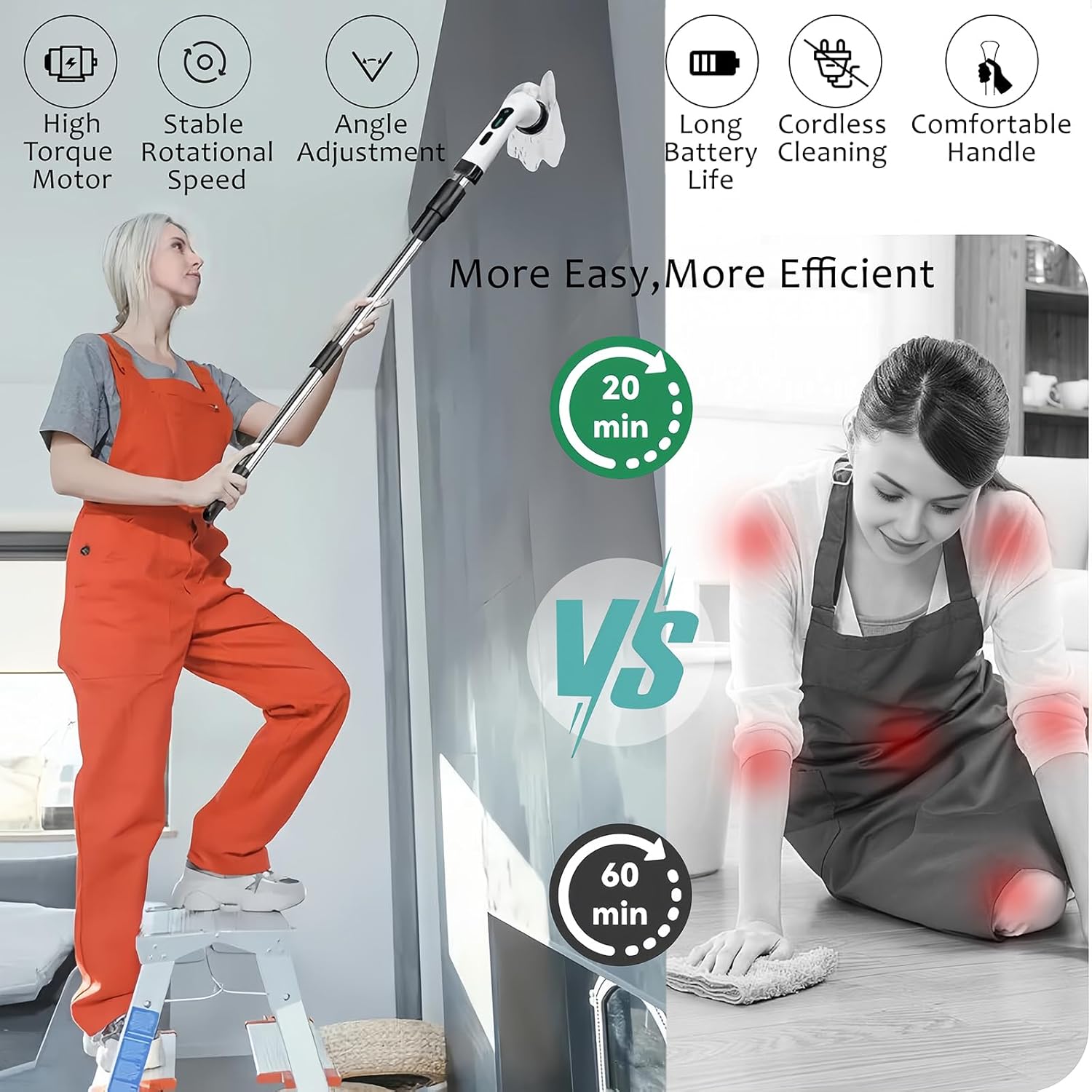 Cordless Electric Spin Scrubber, Hands-Free Shower Cleaning Tool with 9 Attachments & Extension Handle, IPX7 Waterproof for Tub, Tile Grout, Bathroom, Car, Floor - No More Back Pain (Green)