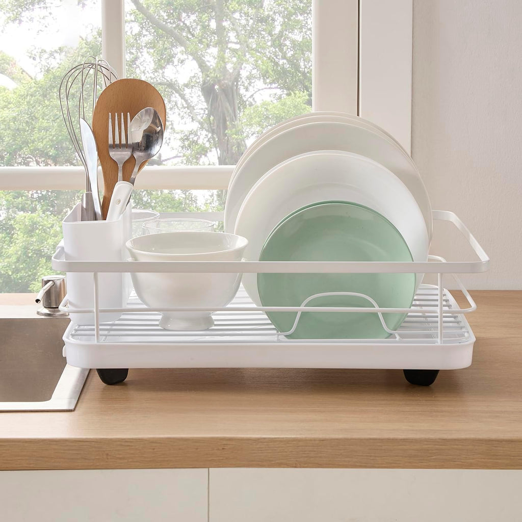 Dish Drying Rack 3 Piece Dish Drainer with Drainboard Set for Kitchen Counter – Dish Rack with Removable Utensil Holder & Swivel Spout for Countertop – DishRack for Plates, Cups & More, White