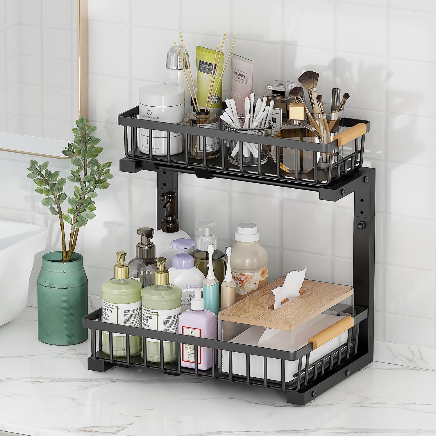 2-Tier Slide Out Under Sink Organizer – 2-Tier Pull-Out Storage Rack, Bathroom organizers and storage for Kitchen and Bathroom, Space-Saving Cabinet Organizer, Rustproof,（Black)(2 Pack)