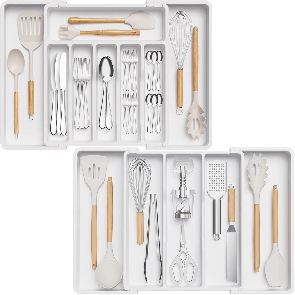 Lifewit Silverware Drawer Organizer and Utensil Organizer Set, Expandable Cooking Cutlery Tray for Kitchen, Adjustable Plastic Flatware Holder Storage Divider for Spoons Forks Knives, Large, White