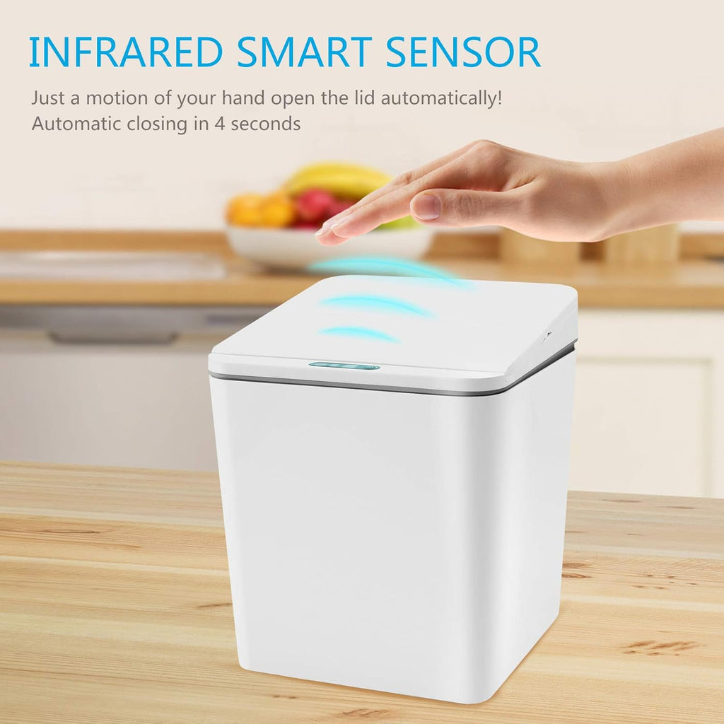 Automatic Small Countertop Trash Can with Lid, 1.5 Gal/6L Toucheless Mini Waste Bin for Office Desk/Bedside Table/Coffee Bar -Batteries, White