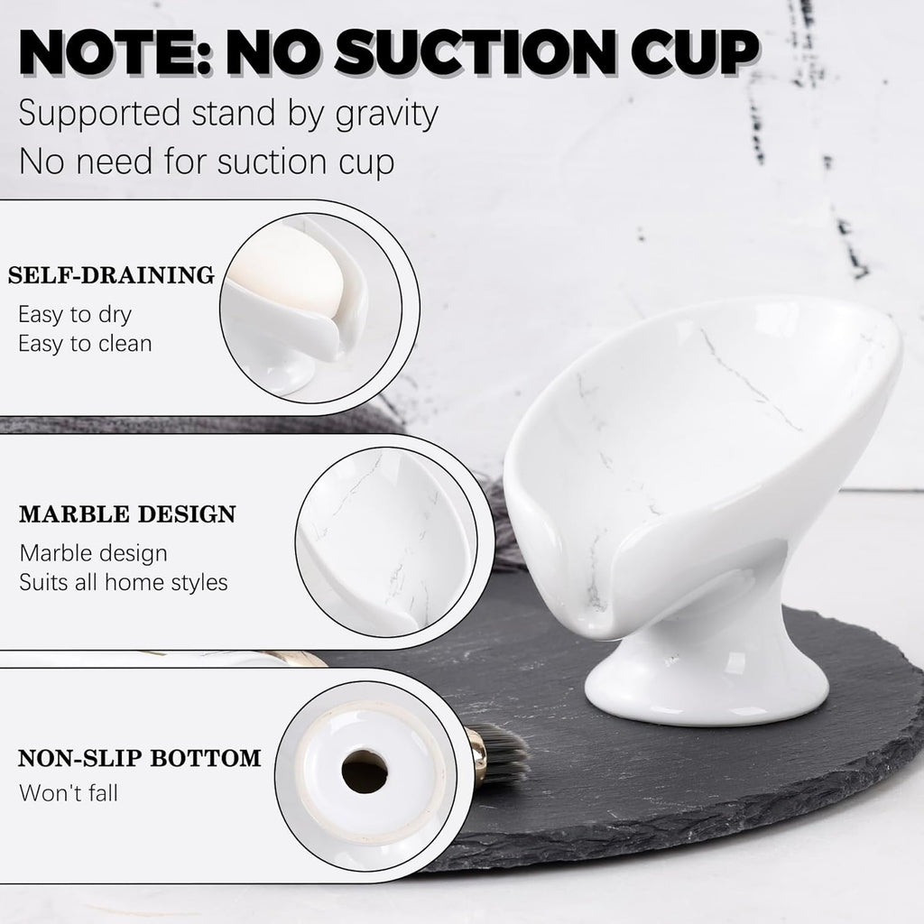 Soap Dish Set, Self Draining Bar Soap Holder for Bathroom Sink, Leaf Shaped Drainage Soap Dish Ceramic Marble Porcelain Decorative Soap Dishes 2PCS, No Suction Cup, ANTIS'S HOME