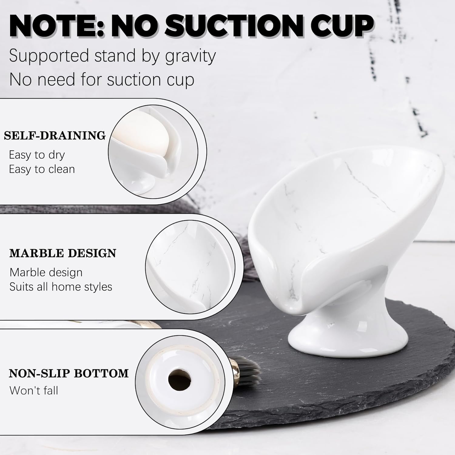 Soap Dish Set, Self Draining Bar Soap Holder for Bathroom Sink, Leaf Shaped Drainage Soap Dish Ceramic Marble Porcelain Decorative Soap Dishes 2PCS, No Suction Cup, ANTIS'S HOME