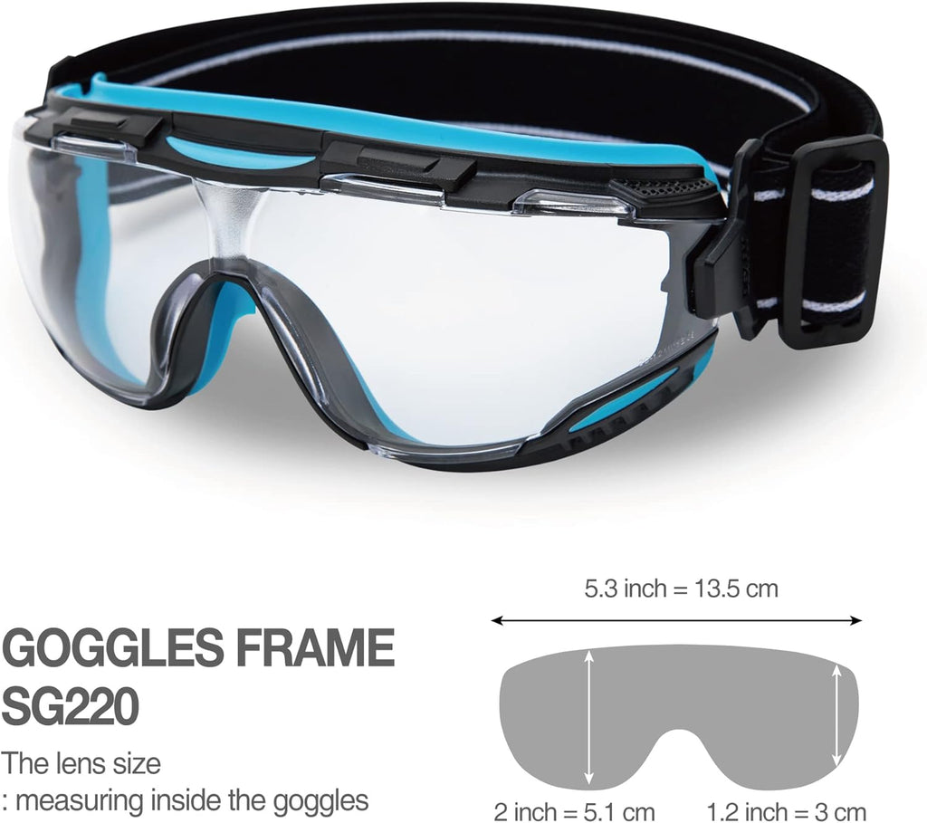 DEX FIT Protective Safety Goggles SG220; Anti Fog & Scratch, Z87 Eye Protection for Lab, Science, and Chemistry Work, Adjustable for Women and Men, (Black & Blue Frame, Clear Lens, 30cm Strap)