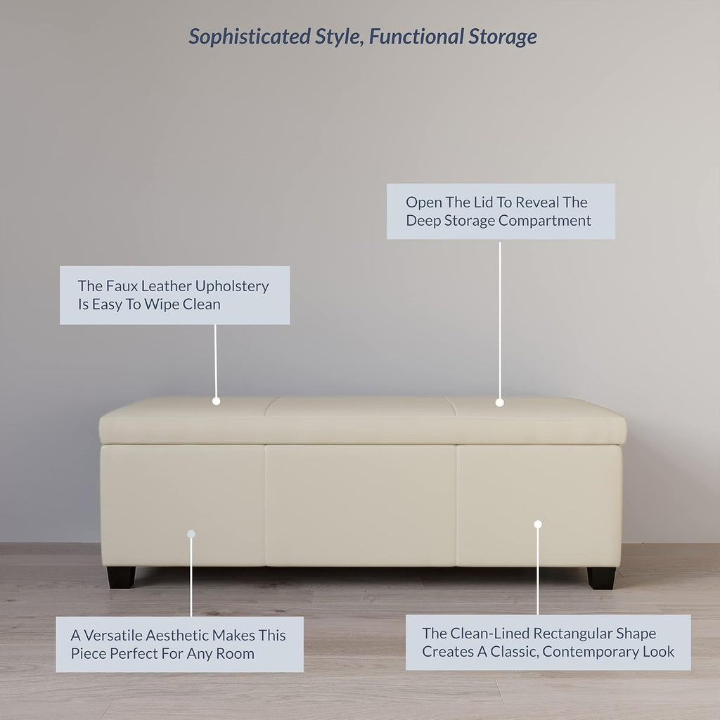 BELLEZE Storage Faux Leather Ottoman, 47 Inch Bench Bedroom Bench with Safety Close Hinge, Extra Long Ottoman with Storage for Living Room, Entryway, Foot Rest, Support 300lbs - Cream