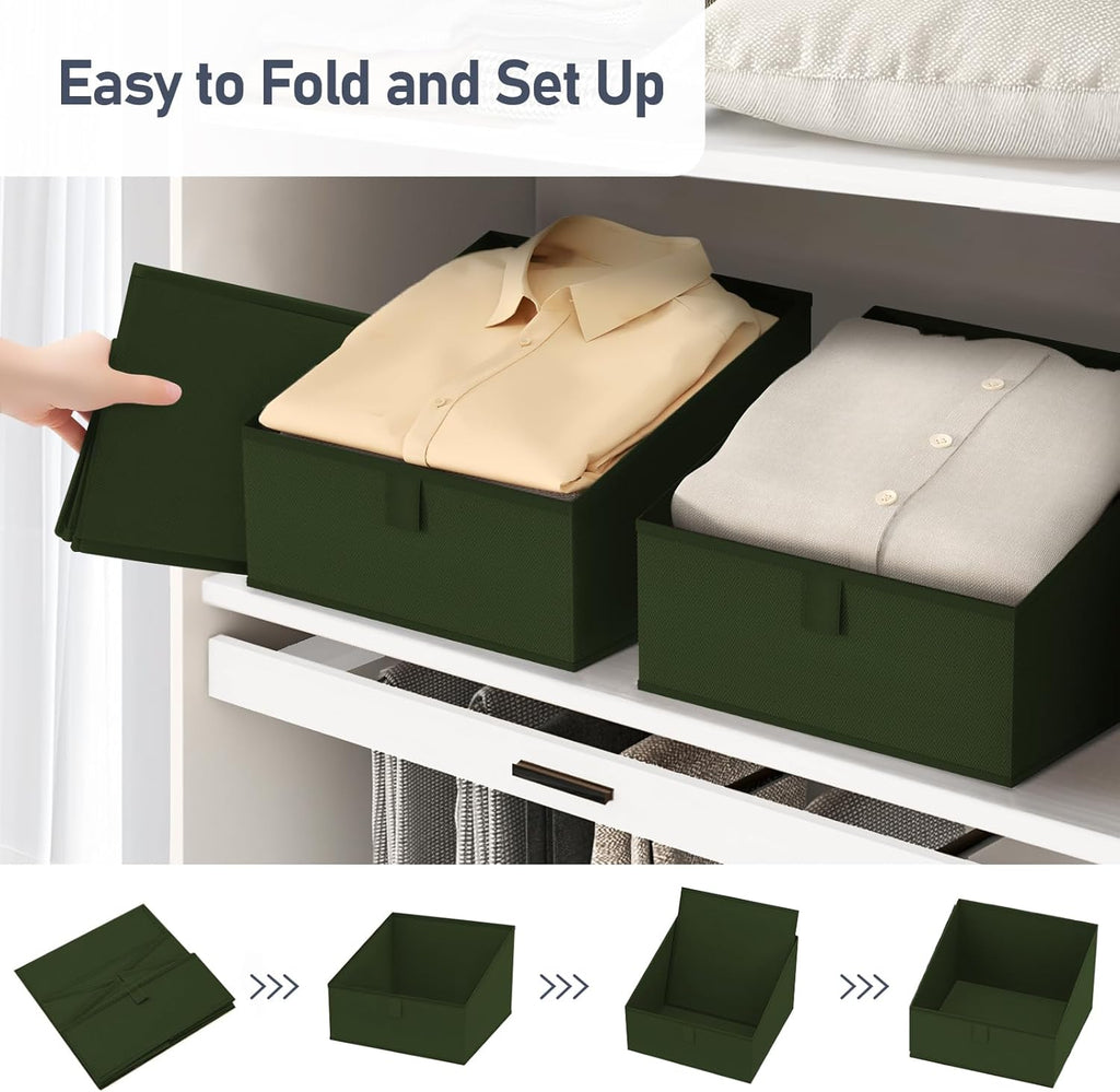 DIMJ Closet Storage Bins 6 Pack - Fabric Trapezoid Closet Organizer Bin, Foldable Storage Baskets for Shelves, Closet Shelf Organizer, Clothing Storage Box for Toys, Books, Towel, Clothes, Green