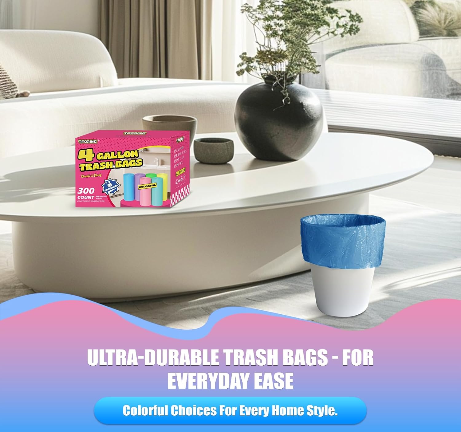 300 Count 4 Gallon Small Trash Bags - 15 Liter Colored Garbage Bags Unscented Wastebasket Liners Heavy Duty & Leakproof Plastic Can Liners for Bathroom Office Bedroom Toilet Car